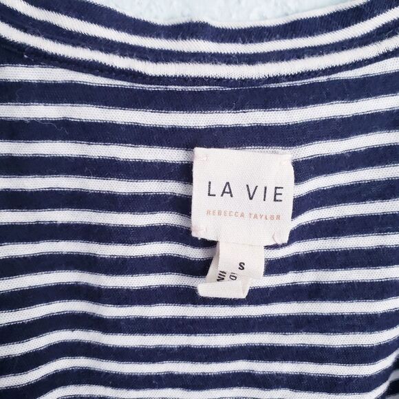 La Vie Rebecca Taylor Black and White Striped V-neck Ruffle Tee - Picture 4 of 6